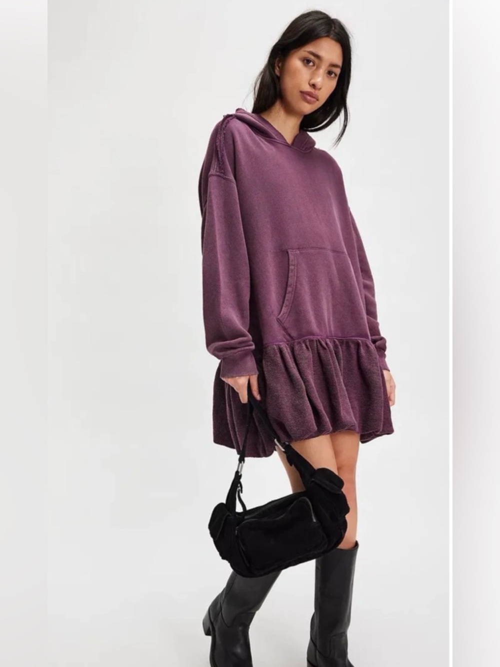Free People Rainy Day Hoodie Dress We The Free Ruffle Hem Slouchy Violet